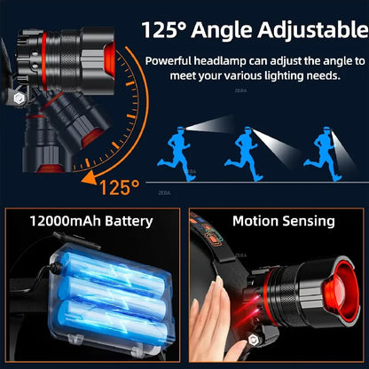 Rechargeable 1000000 Lumens Motion Sensor Zoomable Headlamp with 12 Modes IPX7 Waterproof for Camping Running Emergency