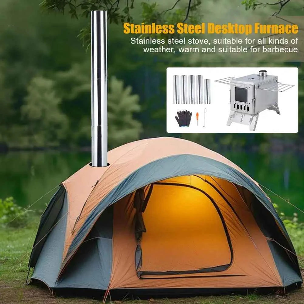 Wood Burning Camping Stove with 5 Pipes Accessories, Heating Cooking Hot Tent Steel Stove for Outdoor, Hunting, Ice Fishing