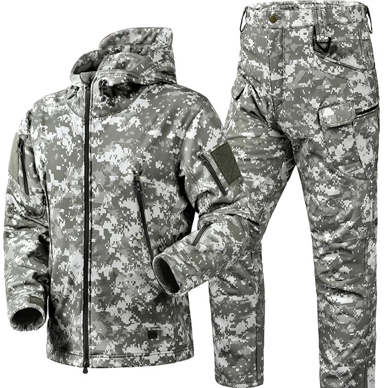 Winter Thicken Men Camo Suit Waterproof Tactical Training Set Multi-pocket Hooded Jacket Fleece Pants Outdoor Hunting 2-piece