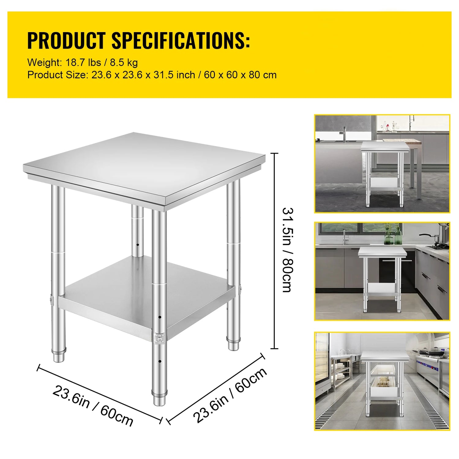 SucceBuy Stainless Steel Table for Prep &amp; Work Metal Commercial Kitchen Heavy Duty Table with Adjustable Shelf