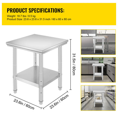 SucceBuy Stainless Steel Table for Prep &amp; Work Metal Commercial Kitchen Heavy Duty Table with Adjustable Shelf