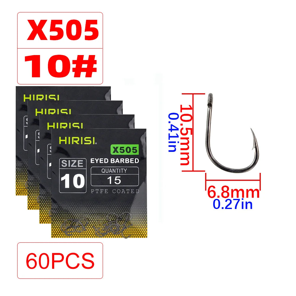 Hirisi X505 PTFE-Coated High Carbon Steel Barbed Carp Hooks – Long Shank, Sizes 