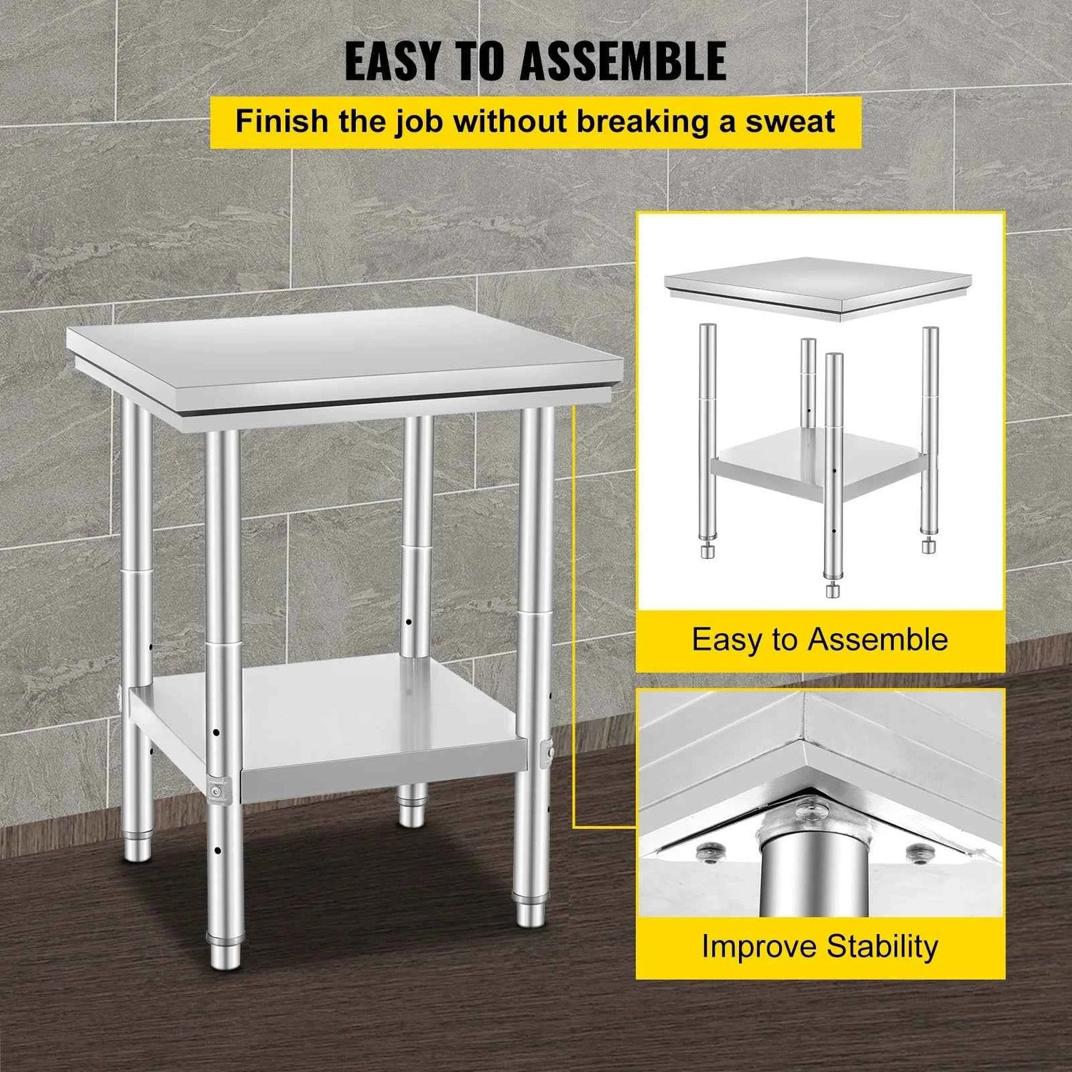 SucceBuy Stainless Steel Table for Prep &amp; Work Metal Commercial Kitchen Heavy Duty Table with Adjustable Shelf