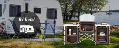 Premium Folding Camp Kitchen Table with Cabinet &amp; Windscreen | Aluminum + MDF