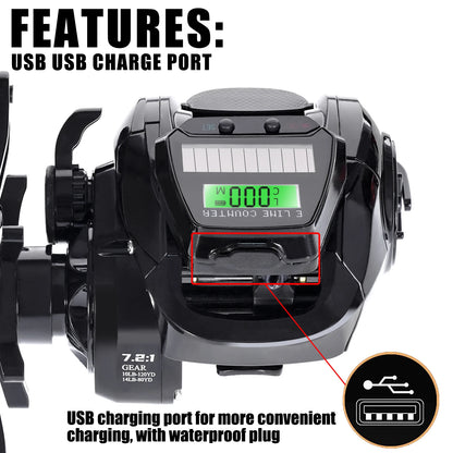 SAMOLLA Electronic Baitcasting Reel – LED Screen, USB &amp; Solar Charging, 7.2:1 Gear Ratio, Waterproof Saltwater Drum Reel