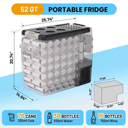 52QT Portable 12V Car Refrigerator &amp; Freezer – Dual-Zone, 12/24V DC &amp; 110-240V AC for Camping, RV &amp; Road Trips