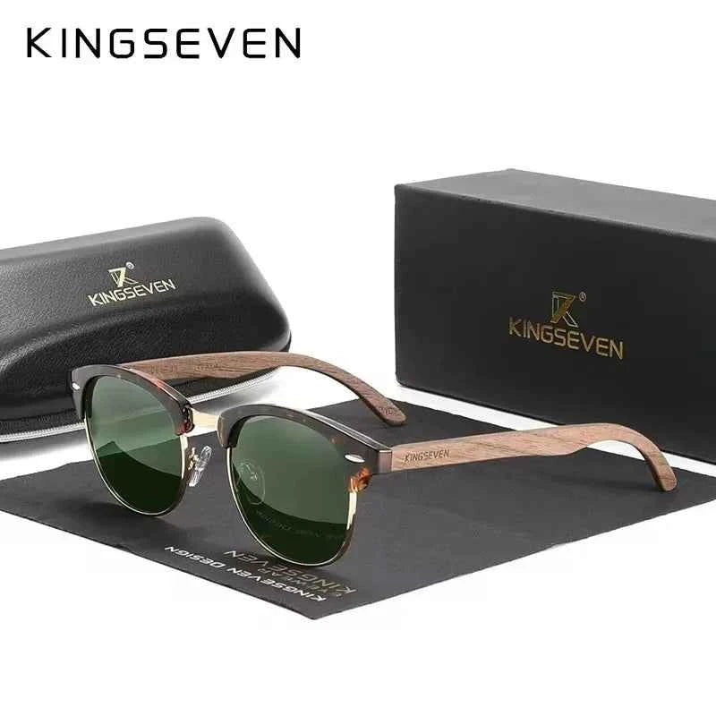 KINGSEVEN W5516 Walnut Wood Polarized Semi-Rimless Sunglasses – Oval, UV400, Unisex