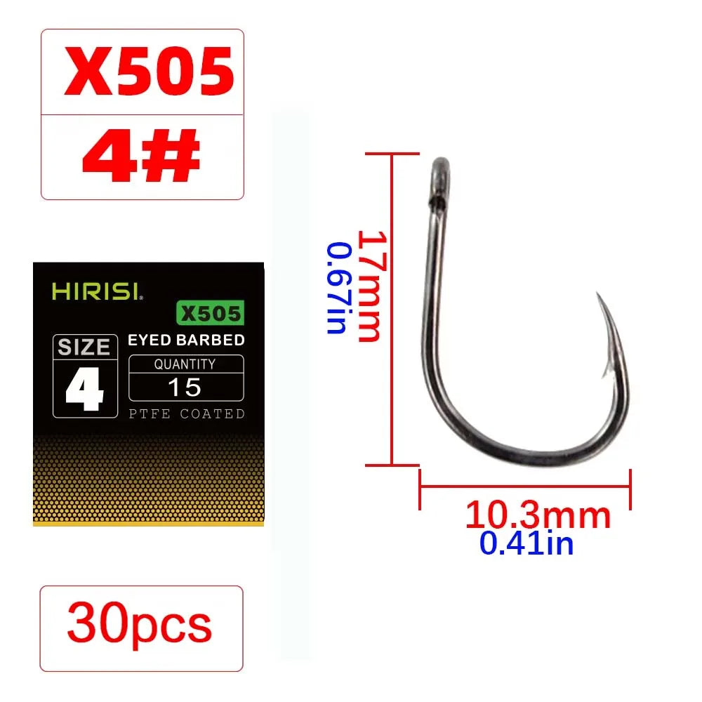Hirisi X505 PTFE-Coated High Carbon Steel Barbed Carp Hooks – Long Shank, Sizes 