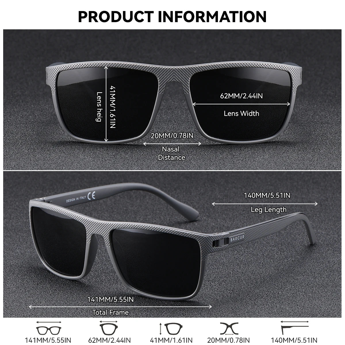 BARCUR Polarized Rectangle Sunglasses – UV400 Mirror Gradient Lens, TR-90 Frame, 9 Colors
