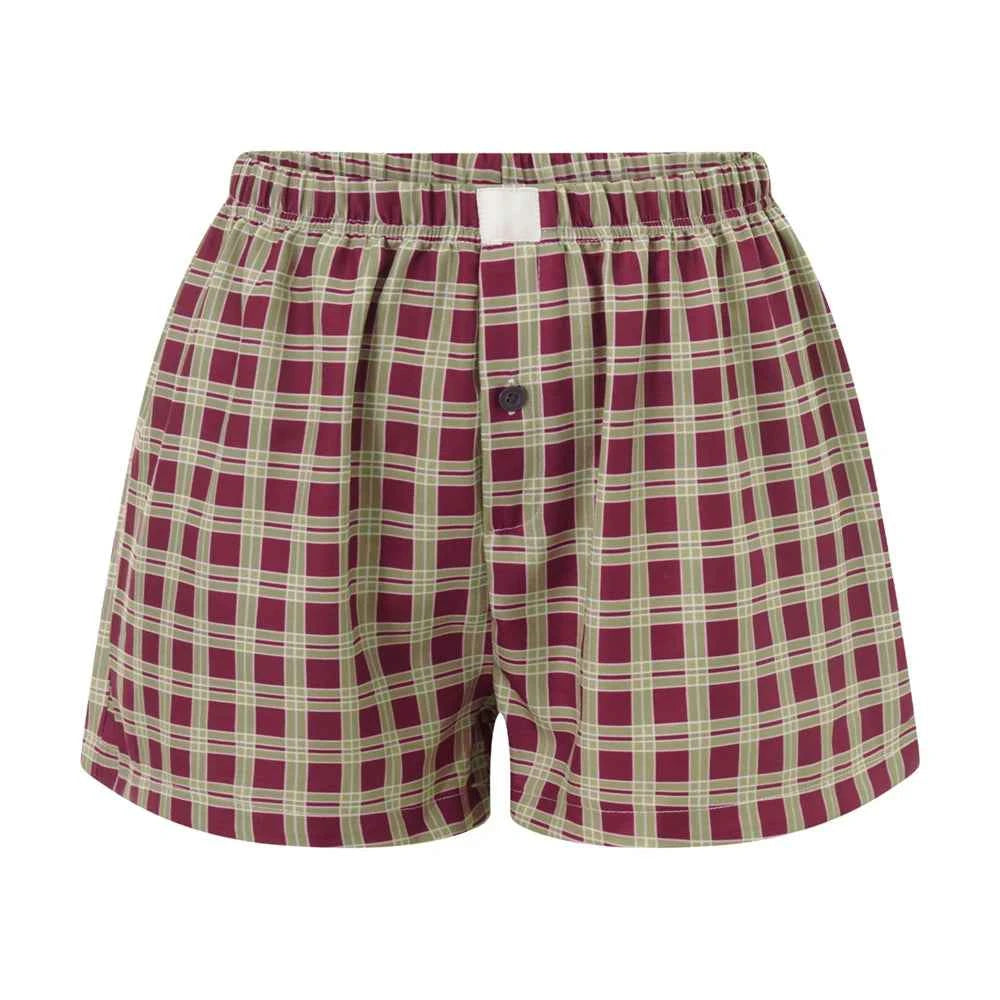 Women’s Y2K Retro Cleanfit Plaid Print Elastic Low Waist Button Front Aesthetic Loungewear Loose Shorts Boxers Streetwear