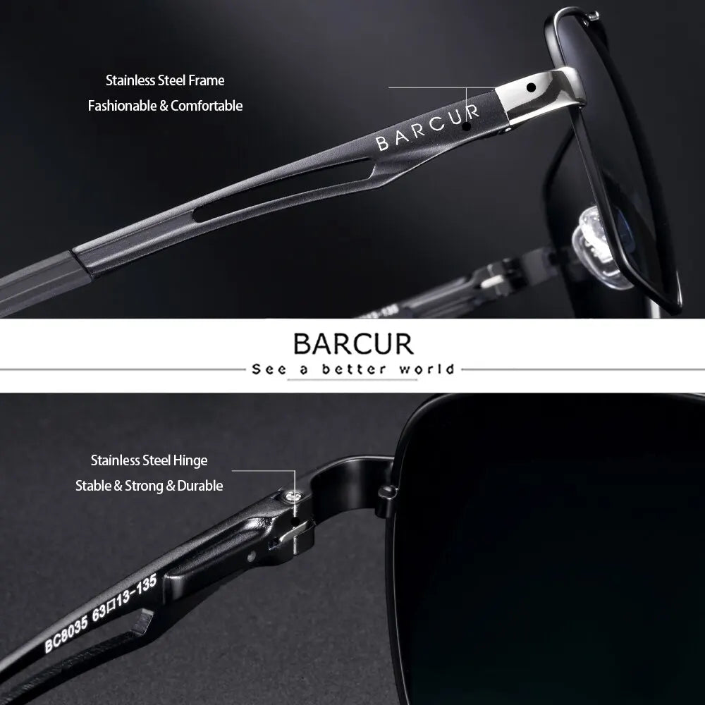 BARCUR BC8035 Polarized Pilot-Square Sunglasses – Stainless Steel, UV400, Unisex