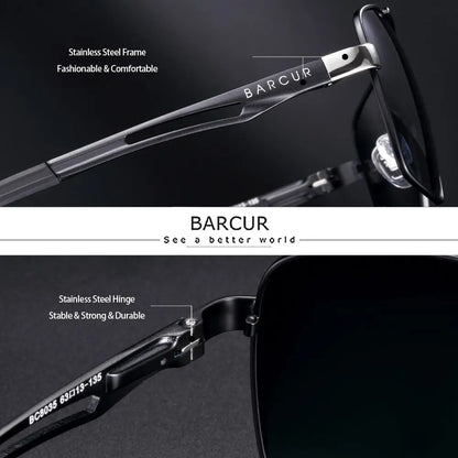 BARCUR BC8035 Polarized Pilot-Square Sunglasses – Stainless Steel, UV400, Unisex
