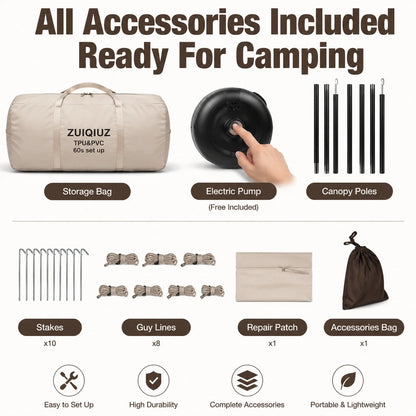 Portable Inflatable Camping Tent with Air Pump – Waterproof Windproof Family Air Tent, 5–8 Person