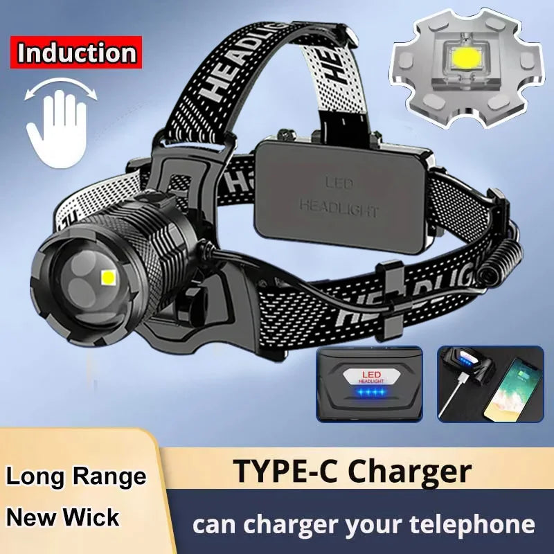 Super Powerful LED Headlamp – IR Sensor, USB-C Rechargeable, Long-Range Head Torch for Camping &amp; Fishing