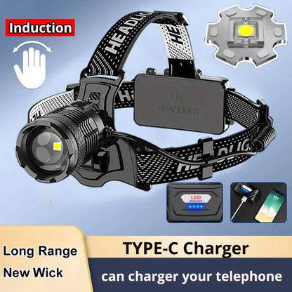 Super Powerful LED Headlamp – IR Sensor, USB-C Rechargeable, Long-Range Head Torch for Camping &amp; Fishing