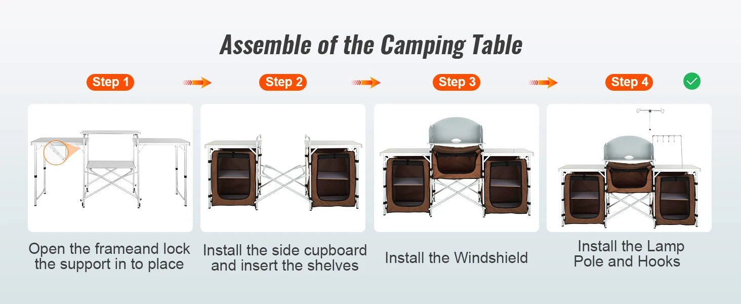 Premium Folding Camp Kitchen Table with Cabinet &amp; Windscreen | Aluminum + MDF