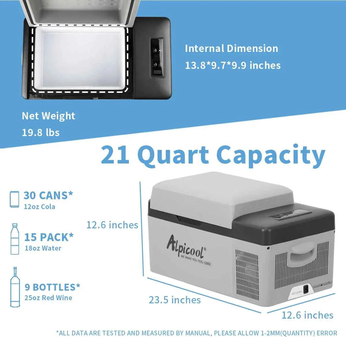 Alpicool C20 20L Portable Compressor Fridge Freezer – 12V/24V DC &amp; 110V AC for Car, Camping &amp; Home