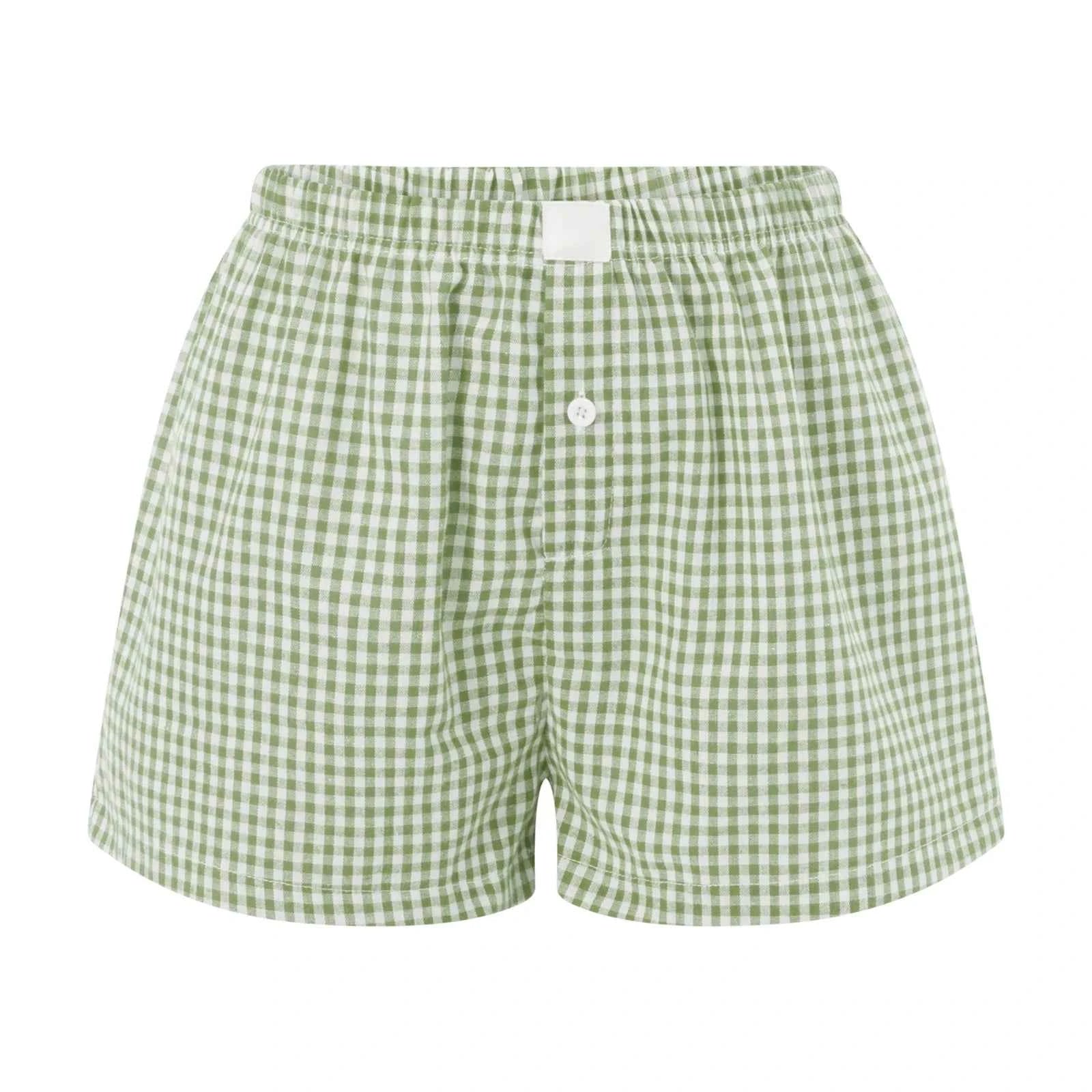 Women’s Y2K Retro Cleanfit Plaid Print Elastic Low Waist Button Front Aesthetic Loungewear Loose Shorts Boxers Streetwear