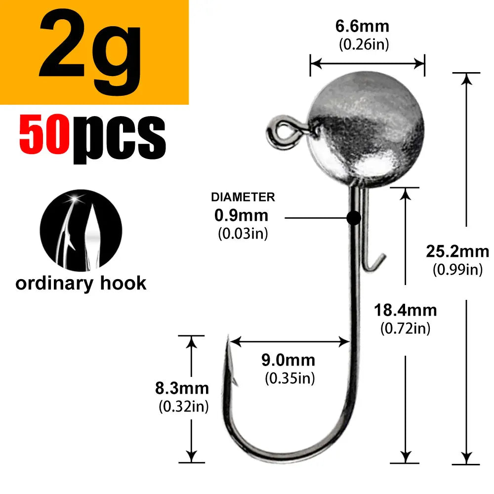 Round Ball Jig Heads – 50 Pack | Weedless Barbed Hook | 1g–20g | Bass, Crappie &amp; Trout