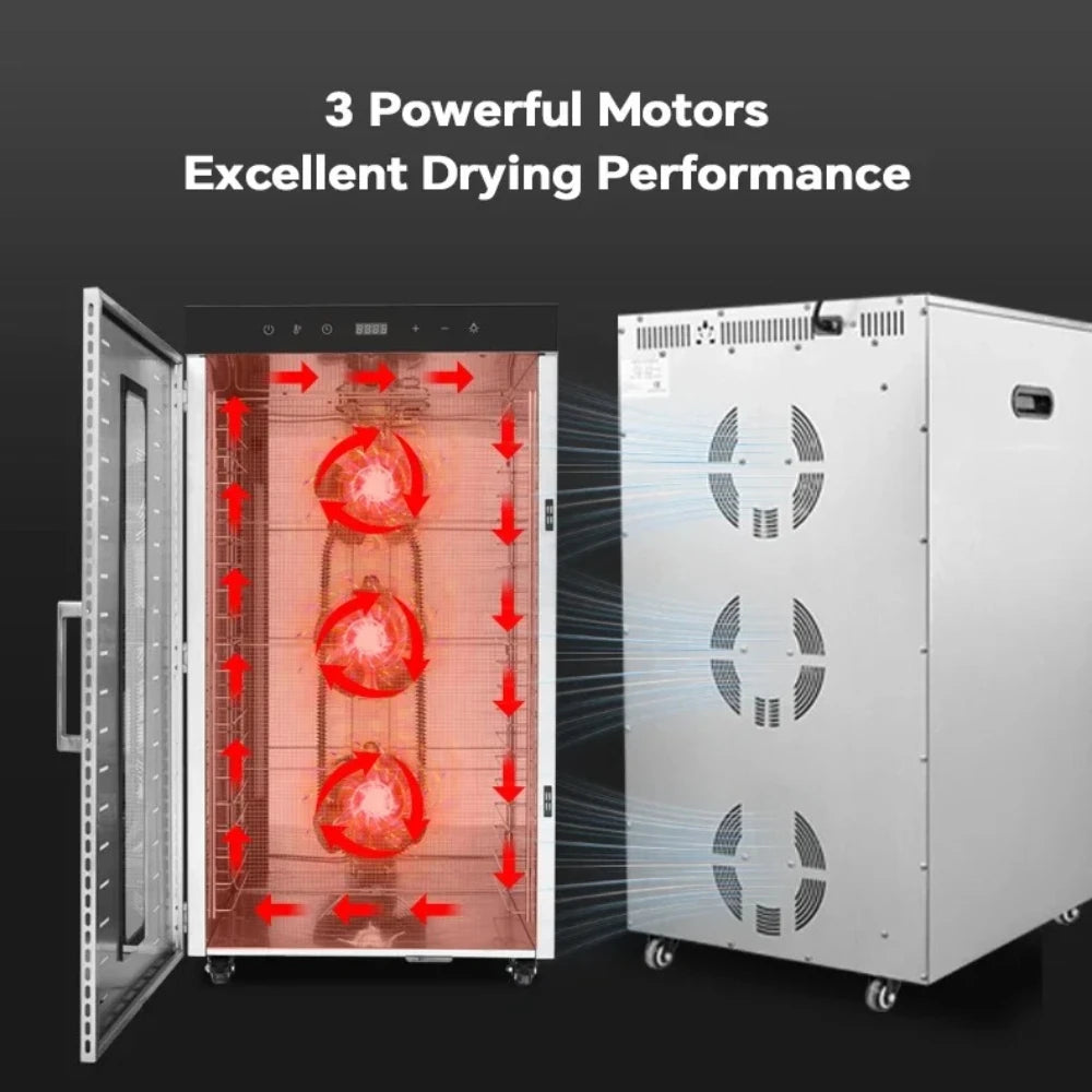 2000W Commercial Food Dehydrator 20 Trays Stainless Steel Jerky Maker 110V 220V Meat Fruit Dryer Machine 30-90℃ Pet Treat