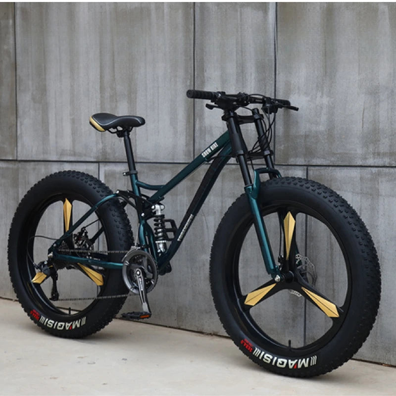 Fat Tire Mountain Bike – 4.0" Wide Tires, Soft-Tail Frame, Double Disc Brakes, 7–27 Speed, 24" or 26" Wheel, Unisex