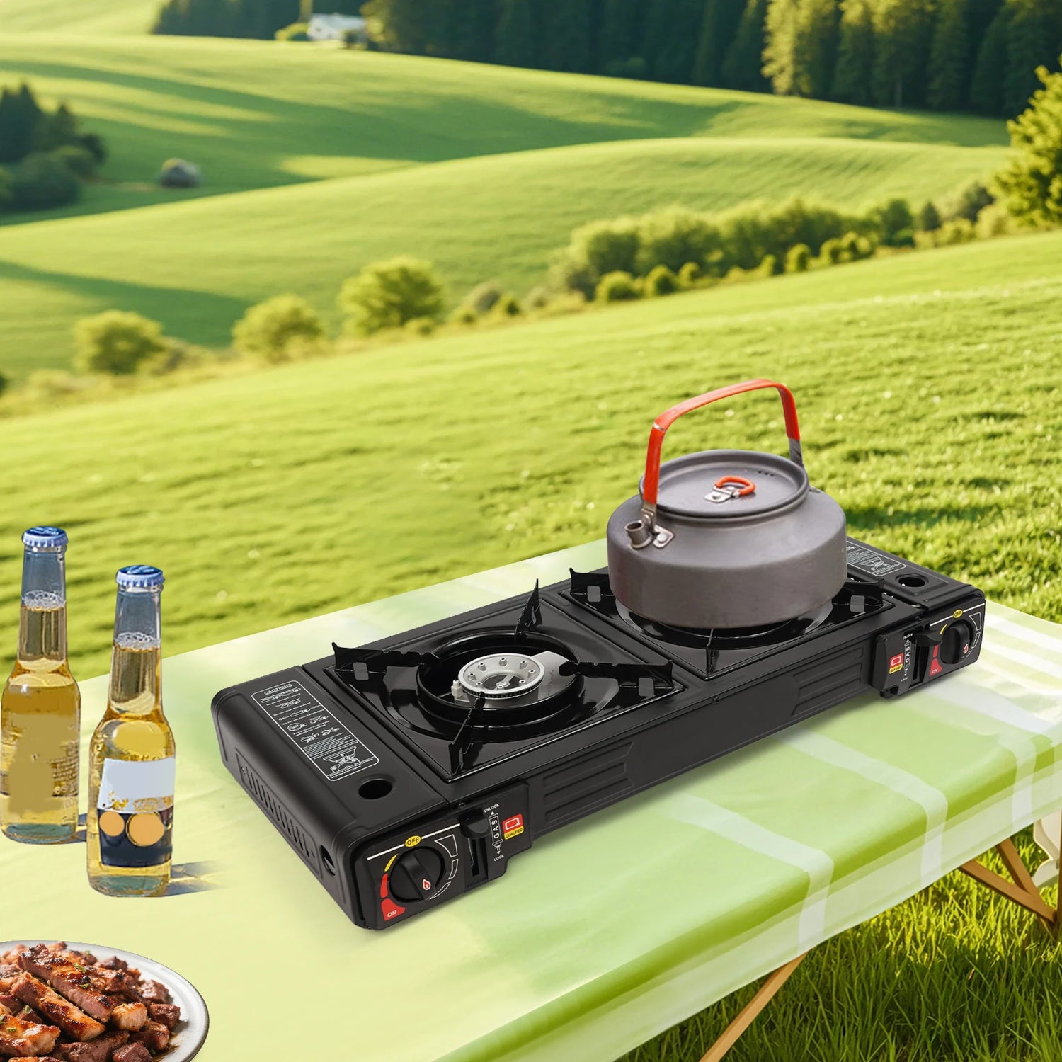 2500W Portable Camping Stove 2 Burners Camping Stove with Baking Tray&amp;Portable Case use  Butane or LPG Home Application Outdoor