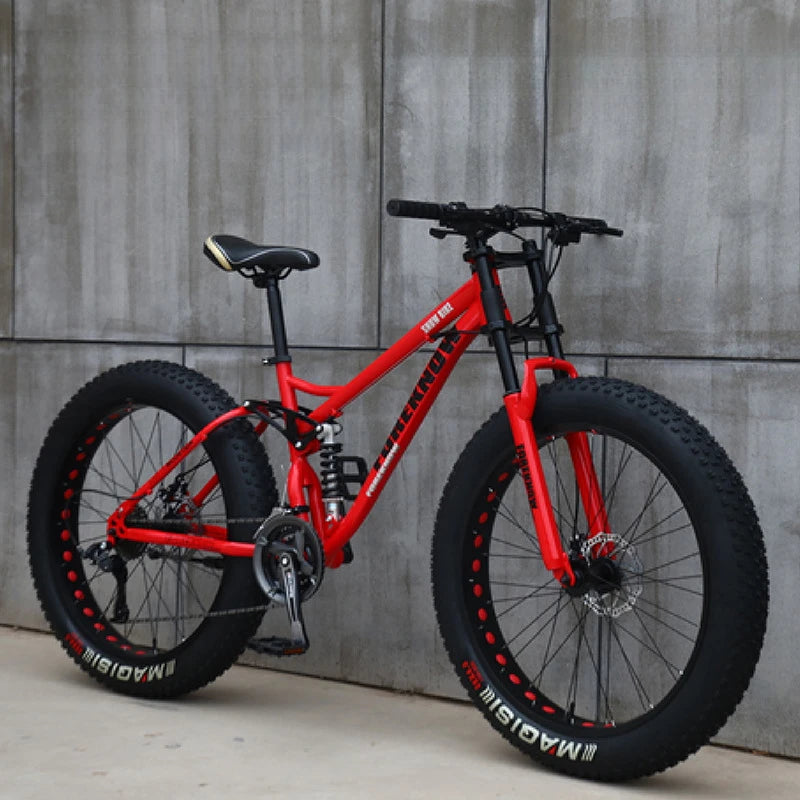 Fat Tire Mountain Bike – 4.0" Wide Tires, Soft-Tail Frame, Double Disc Brakes, 7–27 Speed, 24" or 26" Wheel, Unisex