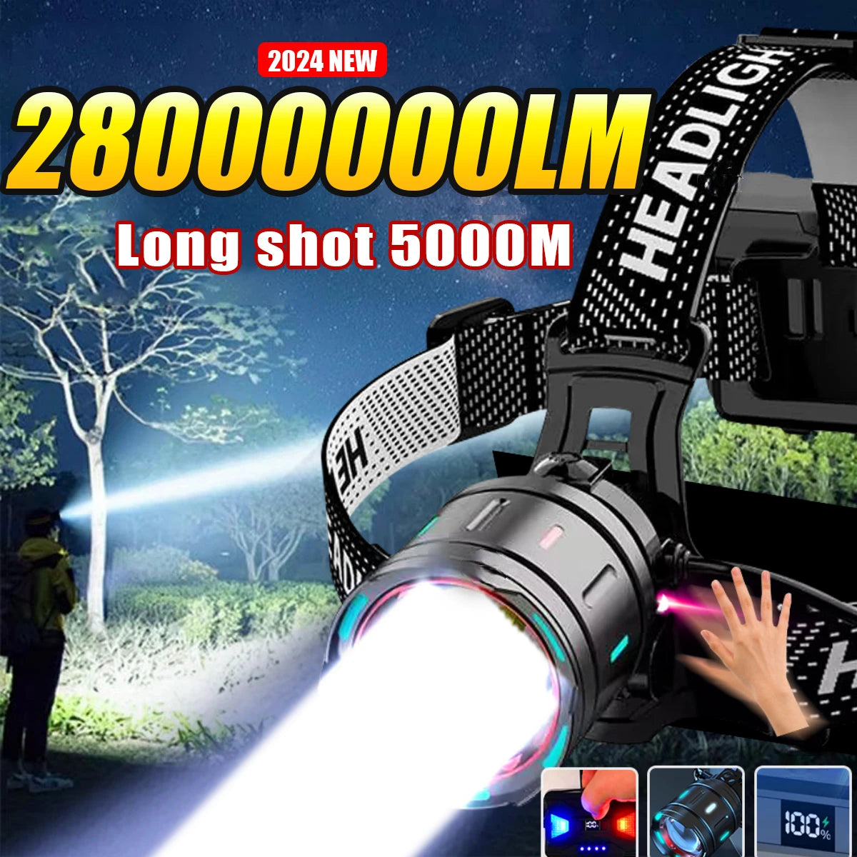 2026 New Super Powerful Headlamp 800W LED IR Sensor Headlight Rechargeable Head Flashlight 5000 Meter Head Lamp Fishing Lantern