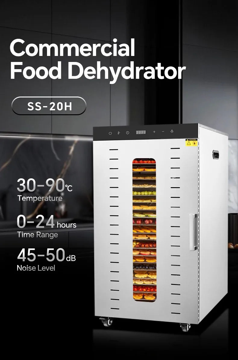 2000W Commercial Food Dehydrator 20 Trays Stainless Steel Jerky Maker 110V 220V Meat Fruit Dryer Machine 30-90℃ Pet Treat