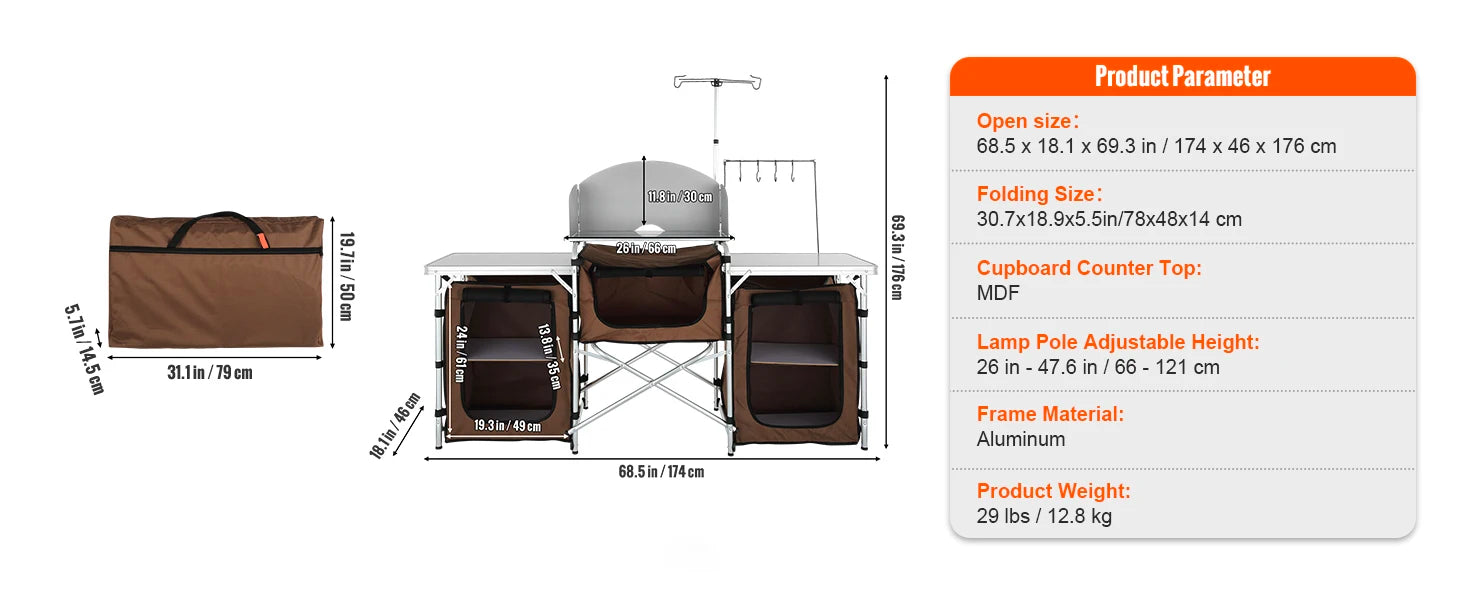 Premium Folding Camp Kitchen Table with Cabinet &amp; Windscreen | Aluminum + MDF