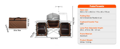 Premium Folding Camp Kitchen Table with Cabinet &amp; Windscreen | Aluminum + MDF