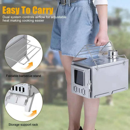 Wood Burning Camping Stove with 5 Pipes Accessories, Heating Cooking Hot Tent Steel Stove for Outdoor, Hunting, Ice Fishing