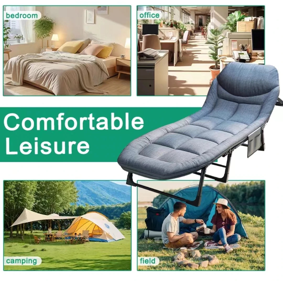 Portable Folding Lounge Chair – 6-Position Adjustable Backrest, Side Pocket, for Camping, Office &amp; Home