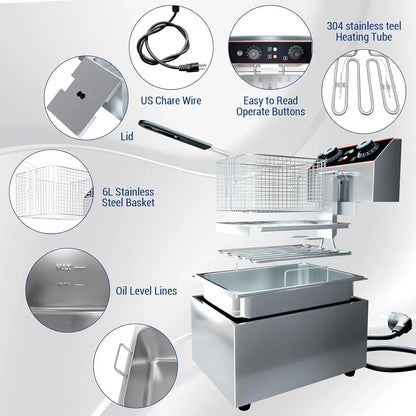 Commercial Electric Deep Fryer with Baskets Stainless Steel Adjustable Temperature Deep Fryer for Restaurant and Home
