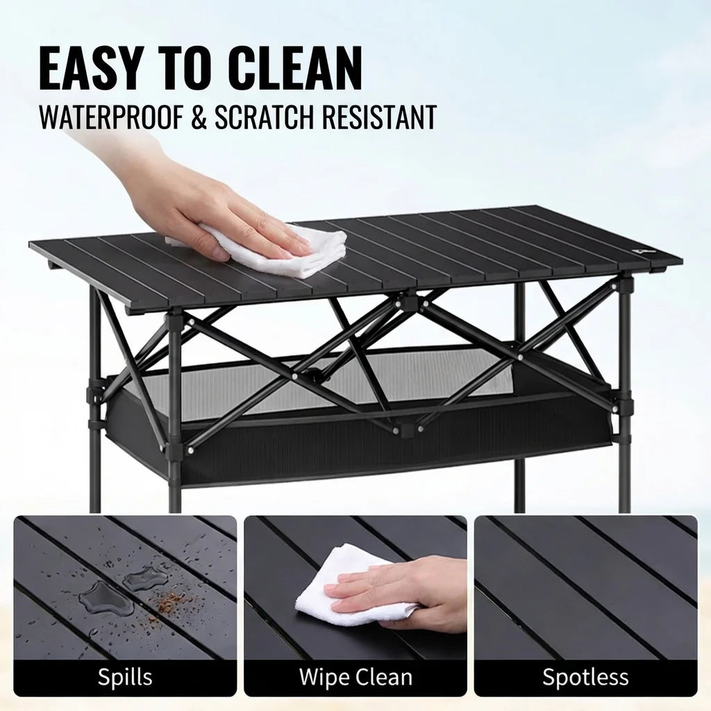 Aoran Portable Folding Camping Table – Adjustable Height, Mesh Shelf &amp; Carry Bag, 95cm / 120cm