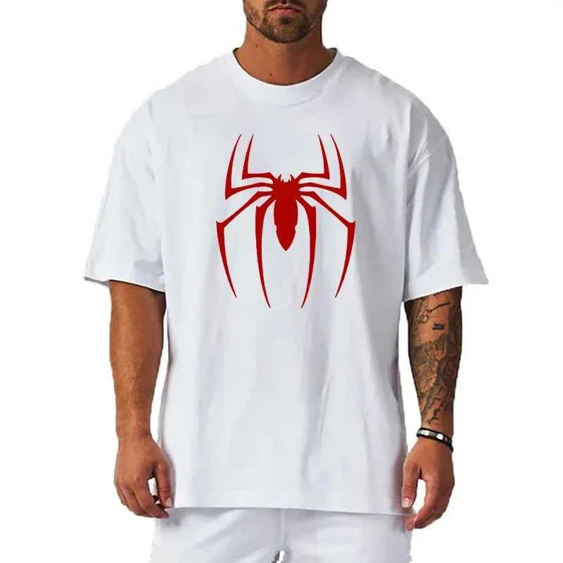 Red Spider Printed Gym Sport Clothing Fitness Oversized Loose Cotton Shirt Mens Hip Hop Short Sleeve Bodybuilding Muscle T-shirt