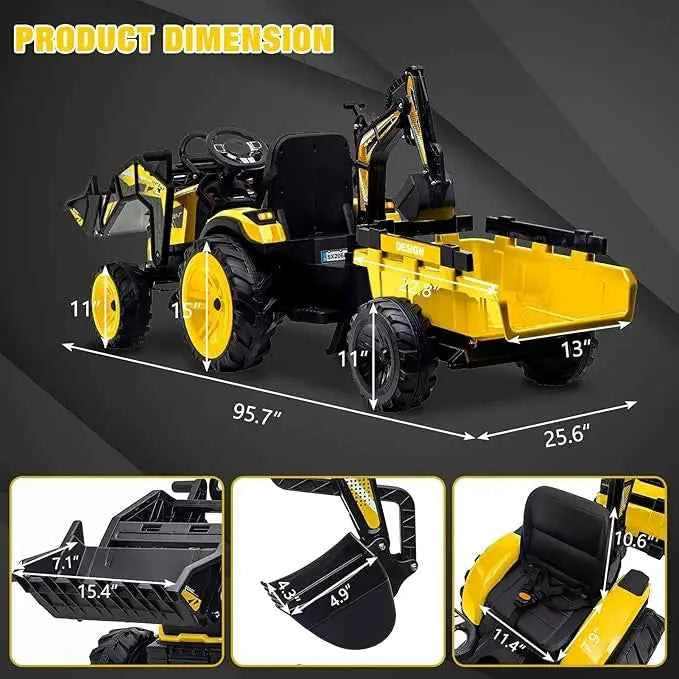 24V 3-in-1 Ride-On Tractor with Excavator &amp; Bulldozer Modes — Kids Electric Construction Vehicle with Trailer, Digger, Shovel Bucket, Parent Remote Control, LED Lights, Music &amp; USB, Battery