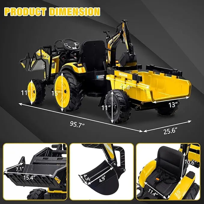 24V 3-in-1 Ride-On Tractor with Excavator &amp; Bulldozer Modes — Kids Electric Construction Vehicle with Trailer, Digger, Shovel Bucket, Parent Remote Control, LED Lights, Music &amp; USB, Battery