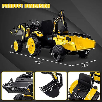 24V 3-in-1 Ride-On Tractor with Excavator &amp; Bulldozer Modes — Kids Electric Construction Vehicle with Trailer, Digger, Shovel Bucket, Parent Remote Control, LED Lights, Music &amp; USB, Battery