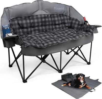 Padded Double Camping Chair Loveseat Couch With 2 In 1 Carry Bag, Gray | Oversized 2 Person Camping Chairs Heavy Duty Folding