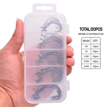50pc High Carbon Steel Crank Fishing Hooks – Multi-Size Box for Soft Worm &amp; Bass Lures