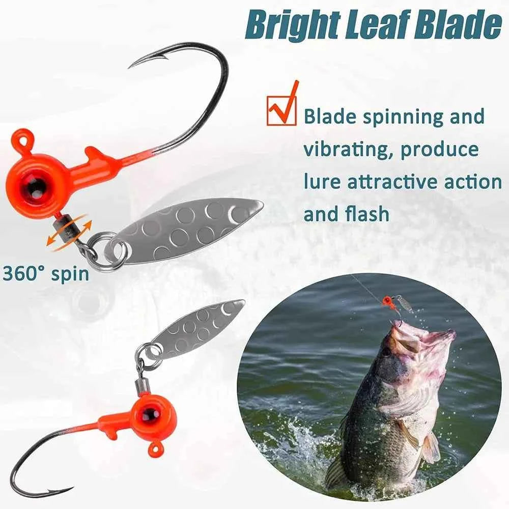 Shaddock Fishing Underspin Jig Heads with Willow Spinner Blade – Lead &amp; Carbon Steel, 1/16–3/16 oz, 20 Pcs