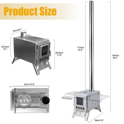 Wood Burning Camping Stove | Stainless Steel | 5-Pipe System &amp; Viewing Window