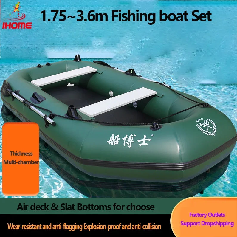 1.75~3.6m Green Fishing Kayak PVC Inflatable Boat with Air Deck Bottoms Set Fishing Boat Raft Rubber Dinghy Inflatable Clip Net