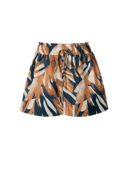 Women Casual Shorts Boho Abstract Print High Waist Ruffled Hem Drawstring Waist Flowy A Line Spring Summer Beach Vacation Shorts
