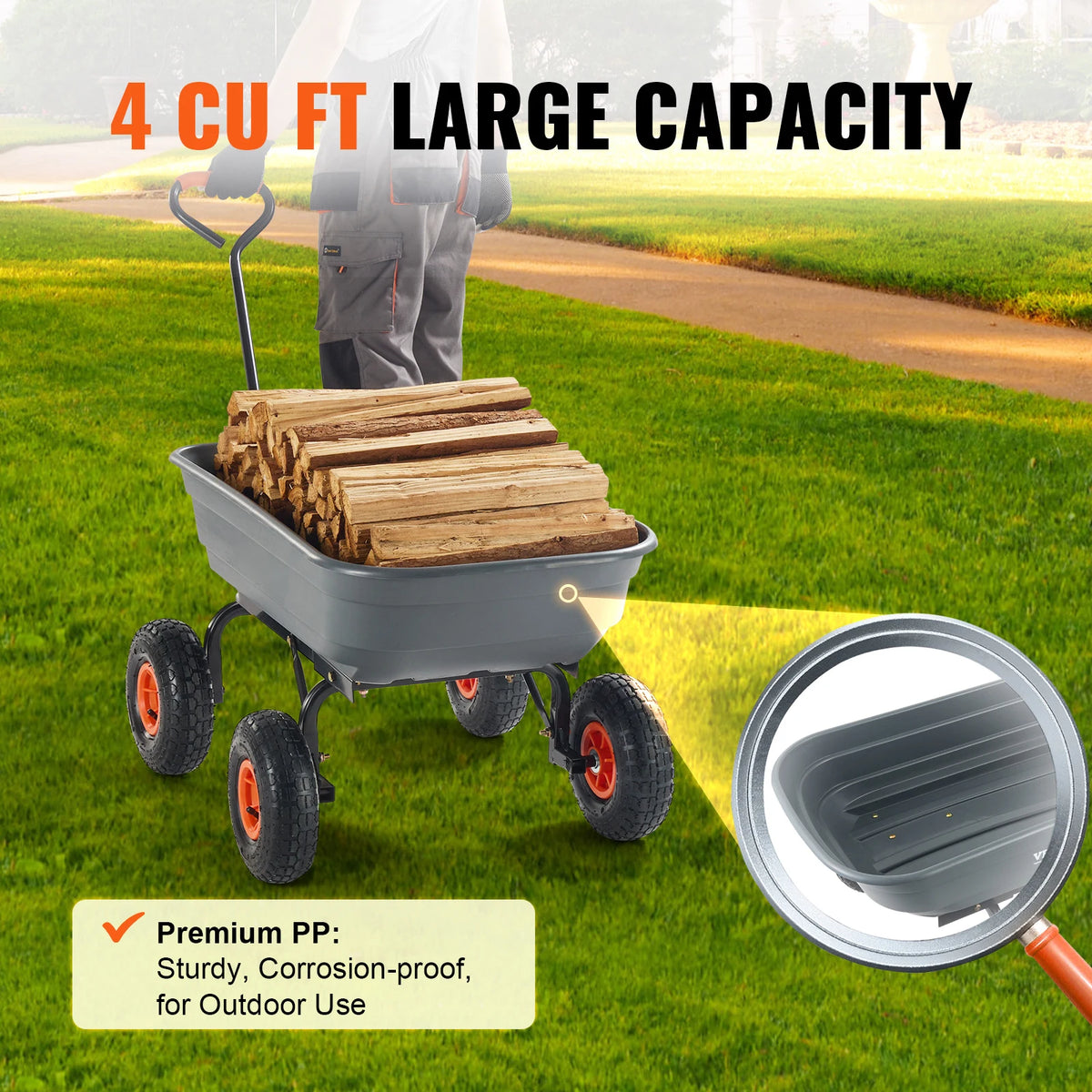 SucceBuy Heavy-Duty Garden Dump Cart – Poly Dump Wagon, 10" Wheels, 2-in-1 Handle, 600 or 1500 lbs Capacity