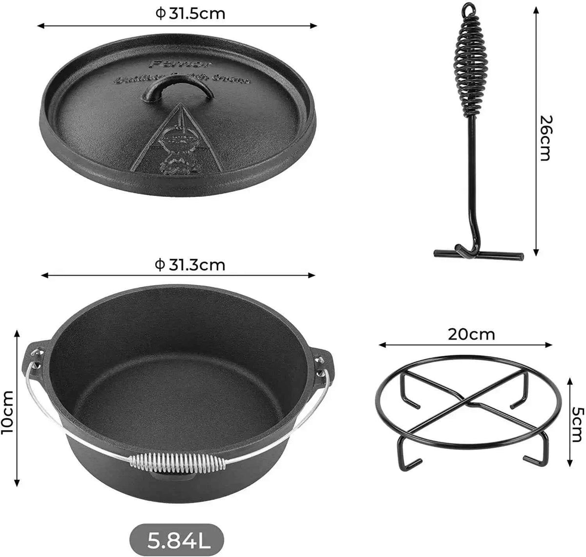 Cast Iron Dutch Oven 5.84L – Outdoor &amp; Oven Use | Lid Lifter &amp; Stand Included | LFGB Certified | Serves 4–6