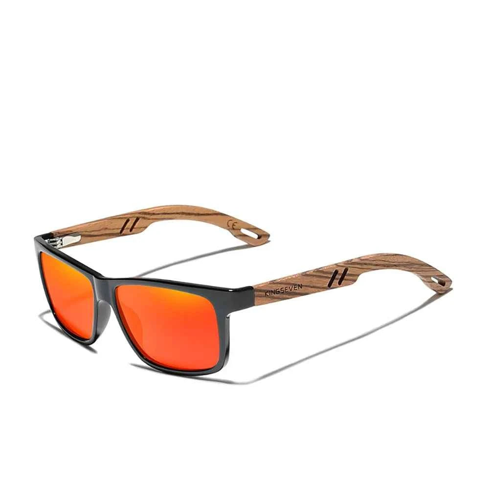 KINGSEVEN Z5508 Zebra Wood Polarized Rectangle Sunglasses – Mirror UV400, Red Lens, Unisex