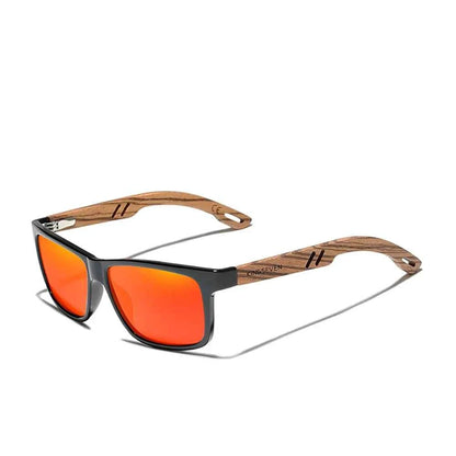 KINGSEVEN Z5508 Zebra Wood Polarized Rectangle Sunglasses – Mirror UV400, Red Lens, Unisex