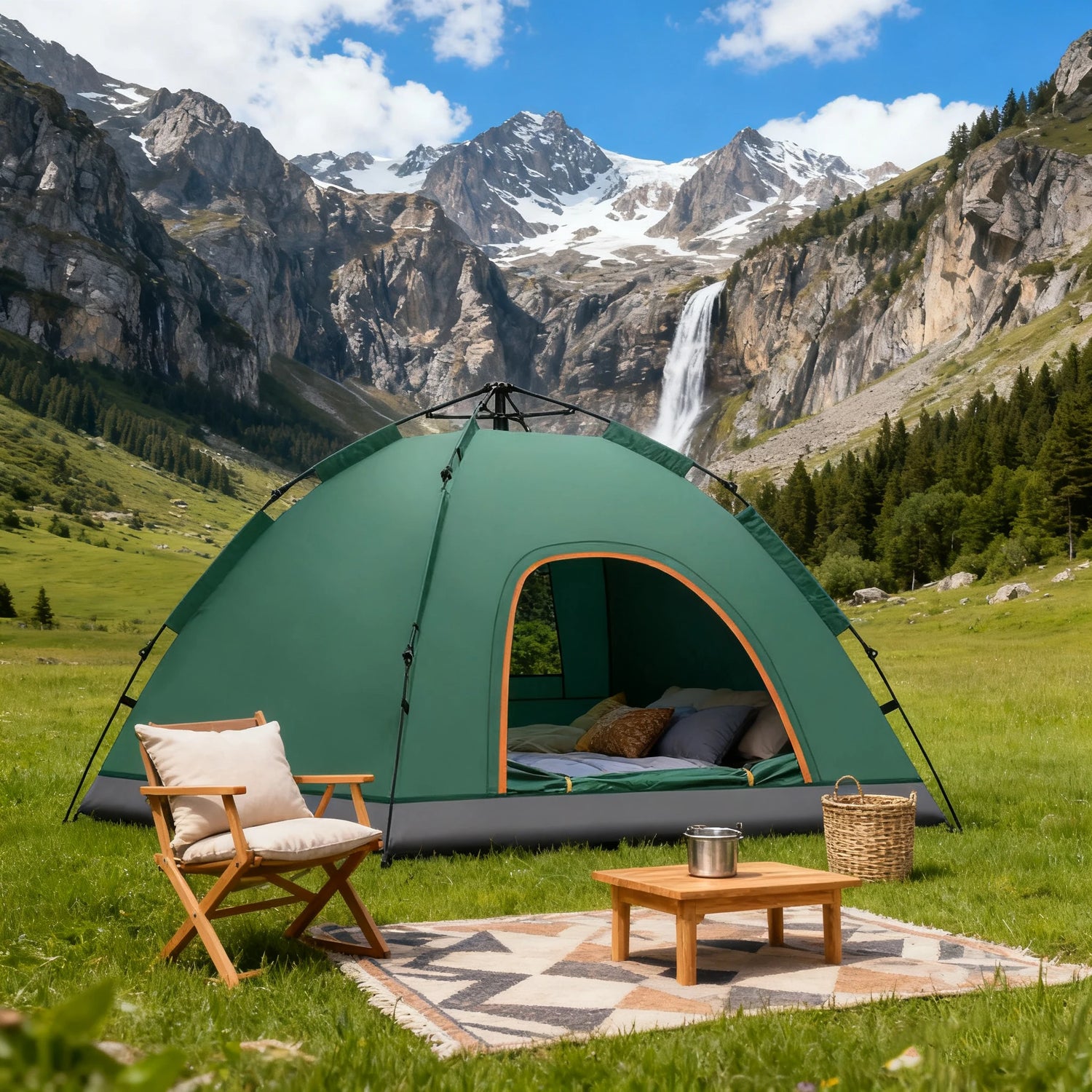 1 Green Camping Tent Outdoor Portable Foldable Overnight Fully Automatic Thickened Beach Indoor Quick-Open